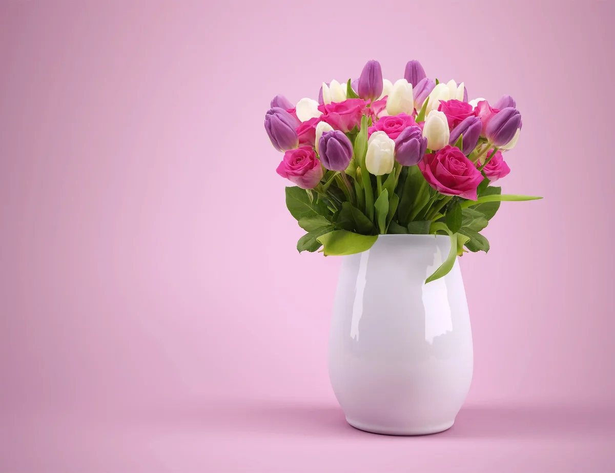 Pink roses and purple tulips arranged in a white vase