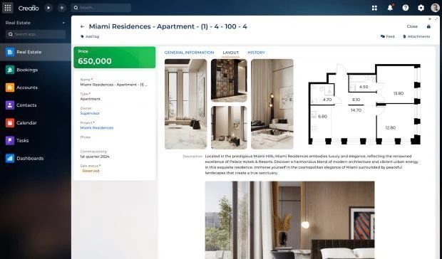 Creatio real estate product example showing property details, photographs and a floor plan